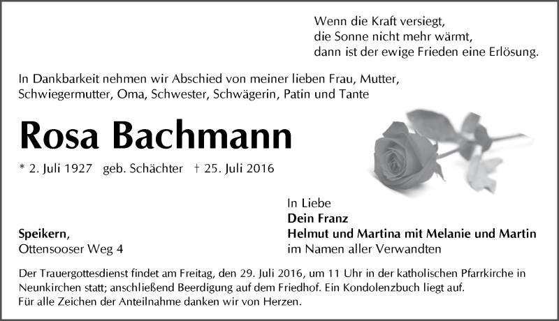  Traueranzeige für Rosa Bachmann vom 27.07.2016 aus Pegnitz-Zeitung