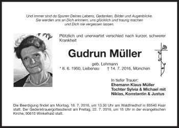 Traueranzeige von Gudrun Müller von Der Bote