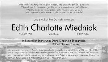 Traueranzeige von Edith Charlotte Miedniak von Pegnitz-Zeitung