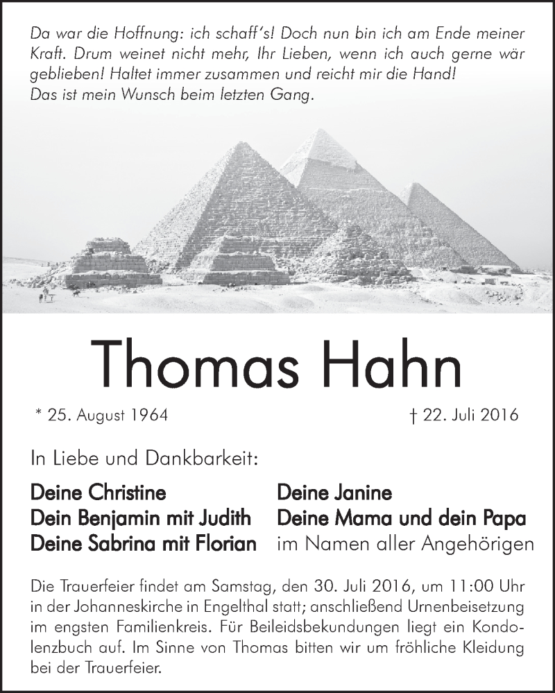  Traueranzeige für Thomas Hahn vom 27.07.2016 aus Hersbrucker Zeitung