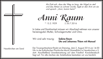 Traueranzeige von Anni Raum von Pegnitz-Zeitung