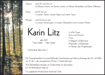 Traueranzeige von Karin Litz von Hersbrucker Zeitung