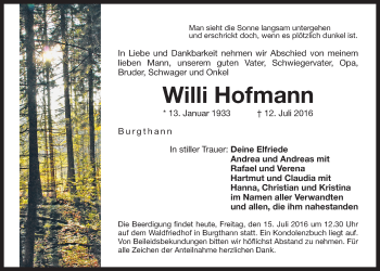 Traueranzeige von Willi Hofmann von Der Bote