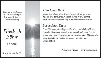 Traueranzeige von Friedrich Boehm von Pegnitz-Zeitung