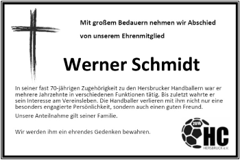 Traueranzeige von Werner Schmidt von Hersbrucker Zeitung