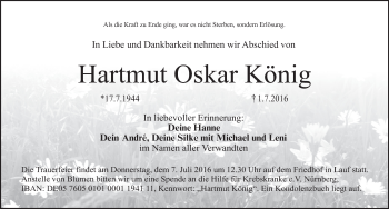 Traueranzeige von Hartmut Oskar Ko¨nig von Pegnitz-Zeitung