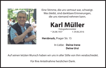 Traueranzeige von Karl Müller von Hersbrucker Zeitung
