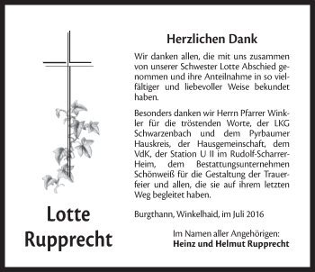 Traueranzeige von Lotte Rupprecht von Der Bote