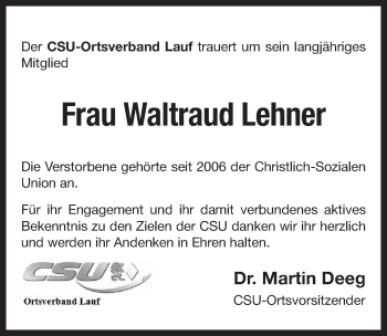Traueranzeige von Waltraud Lehner von Pegnitz-Zeitung