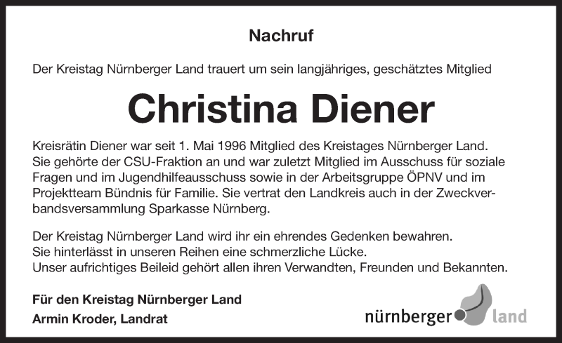  Traueranzeige für Christina Diener vom 02.07.2016 aus Pegnitz-Zeitung