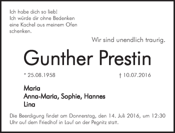 Traueranzeige von Gunther Prestin von Pegnitz-Zeitung