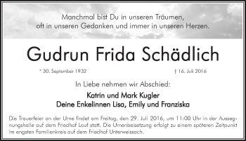 Traueranzeige von Gudrun Frida Schädlich von Pegnitz-Zeitung