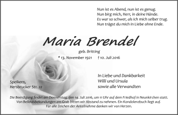Traueranzeige von Maria Brendel von Pegnitz-Zeitung