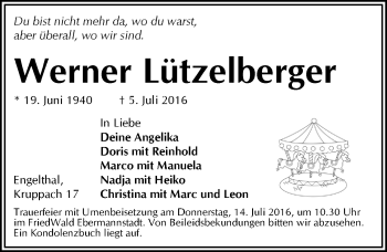 Traueranzeige von Werner Lützelberger von Hersbrucker Zeitung