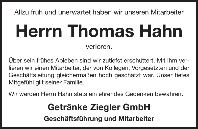  Traueranzeige für Thomas Hahn vom 27.07.2016 aus Hersbrucker Zeitung