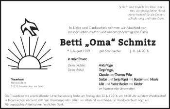 Traueranzeige von Betti Schmitz von Pegnitz-Zeitung