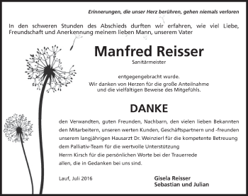 Traueranzeige von Manfred Reisser von Pegnitz-Zeitung