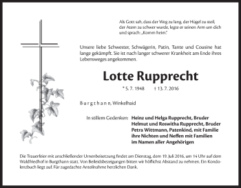 Traueranzeige von Lotte Rupprecht von Der Bote