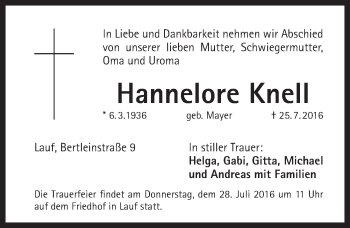 Traueranzeige von Hannelore Knell von Pegnitz-Zeitung