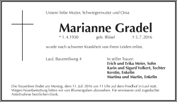 Traueranzeige von Marianne Gradel von Pegnitz-Zeitung