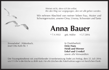 Traueranzeige von Anna Bauer von Pegnitz-Zeitung