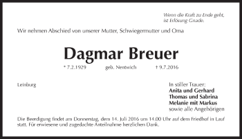 Traueranzeige von Dagmar Breuer von Pegnitz-Zeitung
