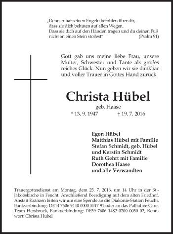 Traueranzeige von Christa Hübel von Der Bote
