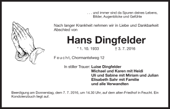 Traueranzeige von Hans Dingfelder von Der Bote