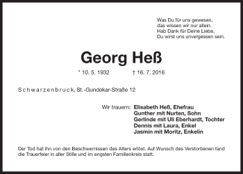 Traueranzeige von Georg Heß von Der Bote