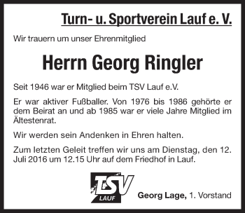 Traueranzeige von Georg Ringler von Pegnitz-Zeitung