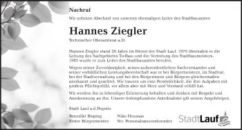 Traueranzeige von Hannes Ziegler von Pegnitz-Zeitung