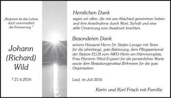 Traueranzeige von Johann Wild von Pegnitz-Zeitung
