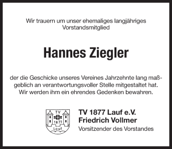 Traueranzeige von Hannes Ziegler von Pegnitz-Zeitung