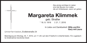 Traueranzeige von Margareta Klimmek von Der Bote