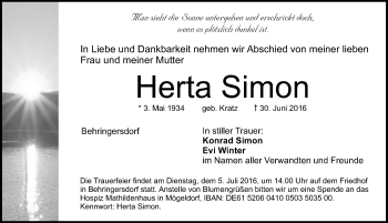 Traueranzeige von Herta Simon von Pegnitz-Zeitung