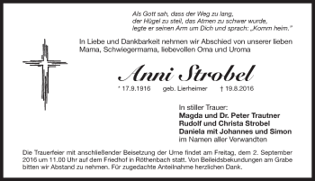 Traueranzeige von Anni Strobel von Pegnitz-Zeitung