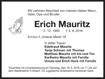 Traueranzeige von Erich Mauritz von Der Bote