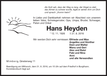 Traueranzeige von Hans Heyden von Der Bote