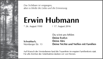 Traueranzeige von Erwin Hubmann von Pegnitz-Zeitung