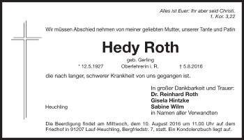 Traueranzeige von Hedy Roth von Pegnitz-Zeitung
