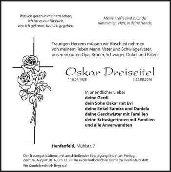 Traueranzeige von Oskar Dreiseitel von Hersbrucker Zeitung
