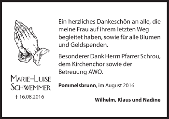 Traueranzeige von Marie-Luise Schwemmer von Hersbrucker Zeitung