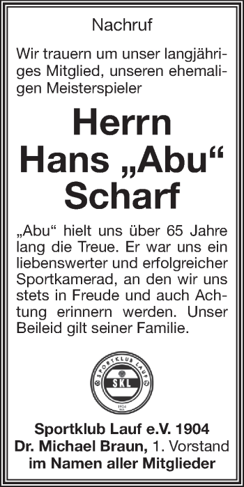 Traueranzeige von Hans Scharf von Pegnitz-Zeitung