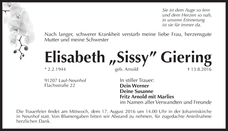  Traueranzeige für Elisabeth Giering vom 16.08.2016 aus Pegnitz-Zeitung