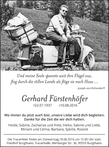 Traueranzeige von Gerhard Fürstenhöfer von Der Bote
