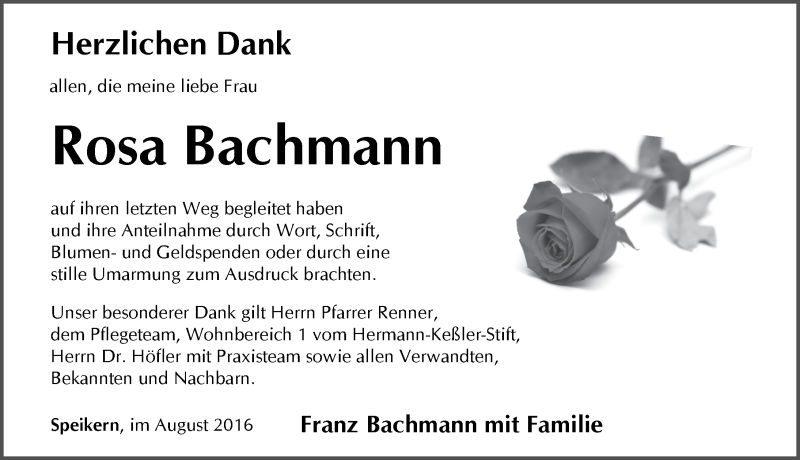  Traueranzeige für Rosa Bachmann vom 06.08.2016 aus Pegnitz-Zeitung