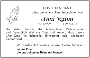 Traueranzeige von Anni Raum von Pegnitz-Zeitung
