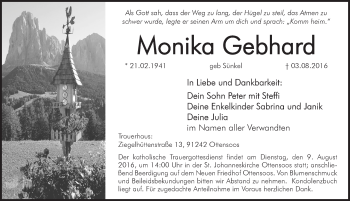Traueranzeige von Monika Gebhard von Pegnitz-Zeitung