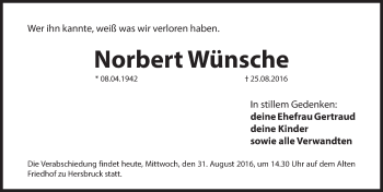 Traueranzeige von Norbert Wünsche von Hersbrucker Zeitung