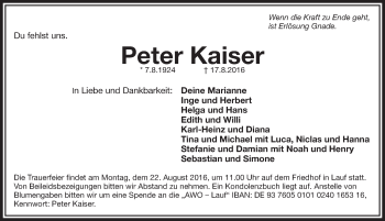 Traueranzeige von Peter Kaiser von Pegnitz-Zeitung